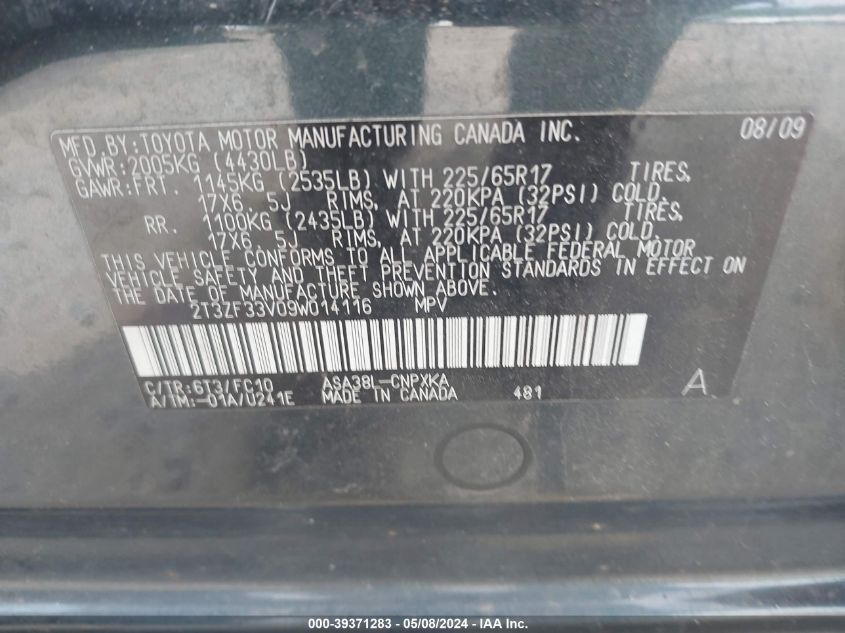 2009 Toyota Rav4 VIN: 2T3ZF33V09W014116 Lot: 39371283
