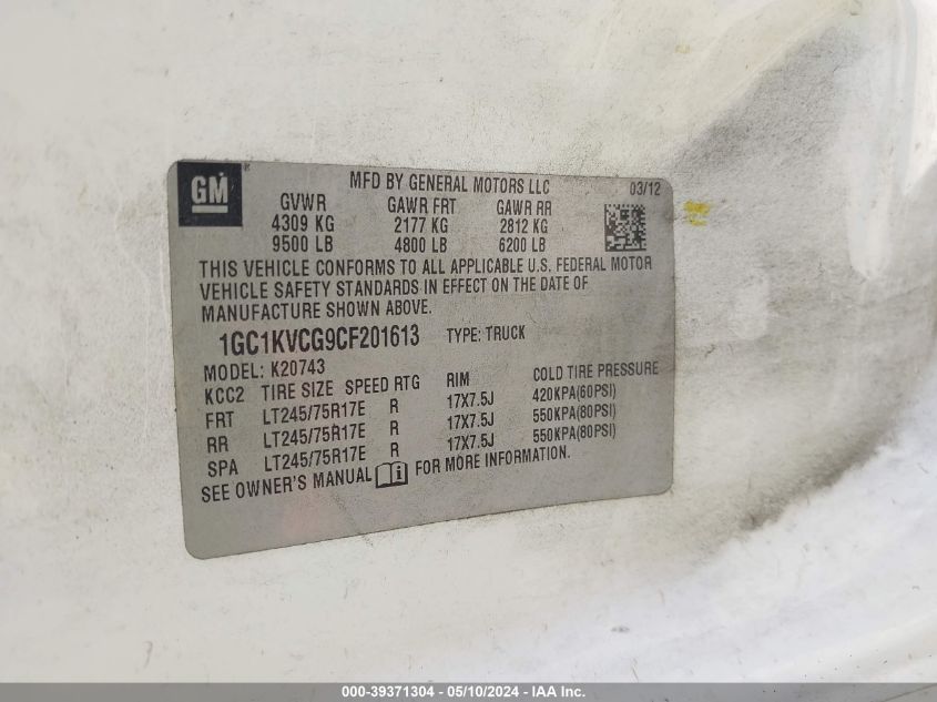 2012 Chevrolet Silverado 2500Hd Work Truck VIN: 1GC1KVCG9CF201613 Lot: 39371304