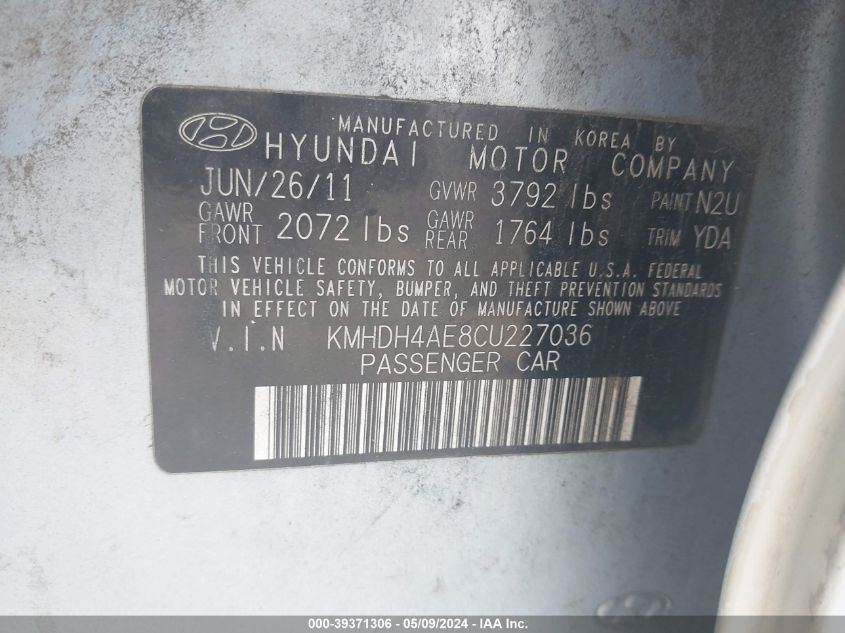 2012 Hyundai Elantra Limited (Ulsan Plant) VIN: KMHDH4AE8CU227036 Lot: 39371306