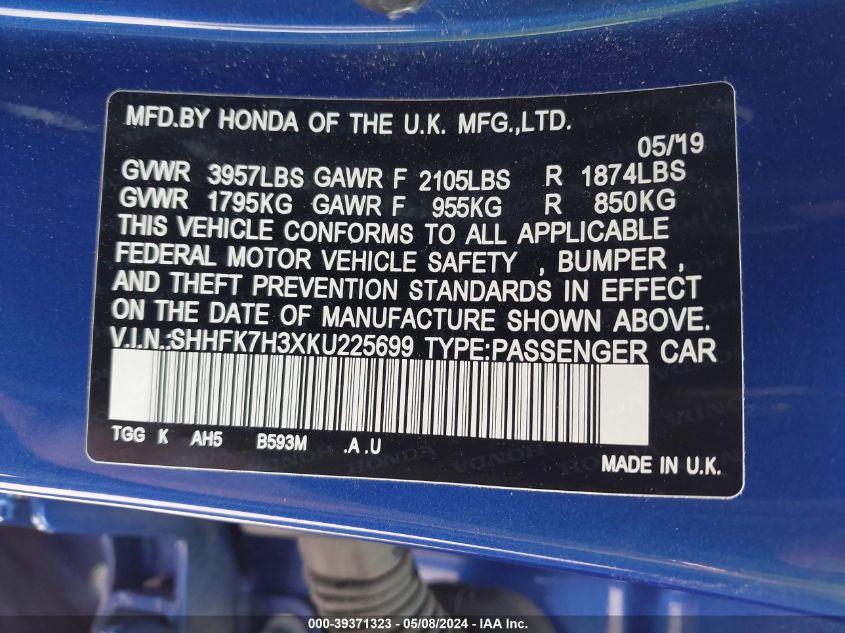 2019 Honda Civic Lx VIN: SHHFK7H3XKU225699 Lot: 39371323