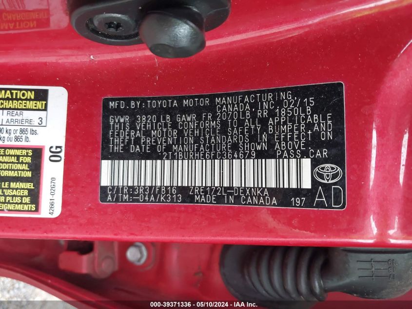 2015 Toyota Corolla Le VIN: 2T1BURHE6FC364679 Lot: 39371336