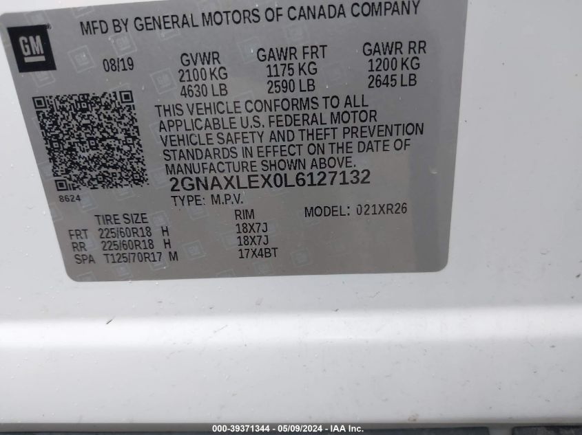 2020 Chevrolet Equinox Fwd Lt 2.0L Turbo VIN: 2GNAXLEX0L6127132 Lot: 39371344