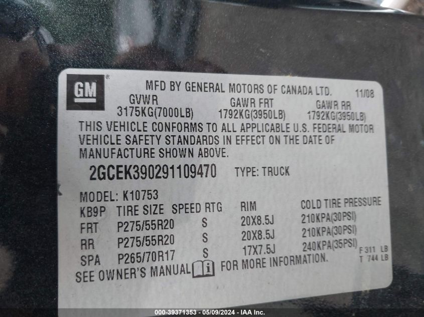 2009 Chevrolet Silverado 1500 Ltz VIN: 2GCEK390291109470 Lot: 39371353