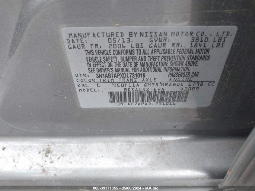 2013 Nissan Sentra Sr VIN: 3N1AB7APXDL731016 Lot: 39371355