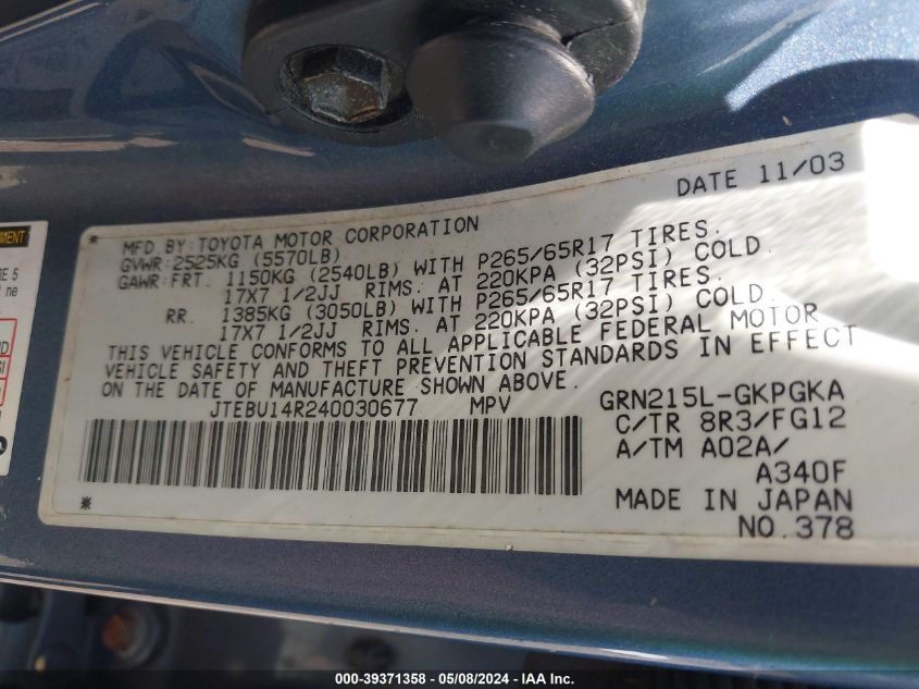 2004 Toyota 4Runner Sr5 V6 VIN: JTEBU14R240030677 Lot: 39371358