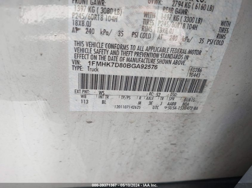 2011 Ford Explorer Xlt VIN: 1FMHK7D80BGA92576 Lot: 39371367