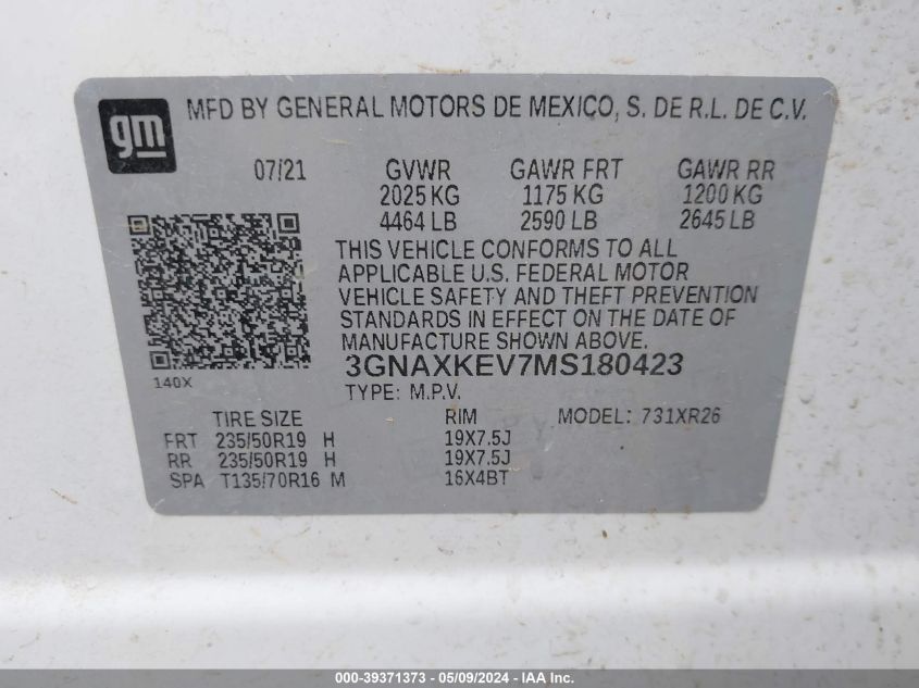 2021 Chevrolet Equinox Fwd Lt VIN: 3GNAXKEV7MS180423 Lot: 39371373