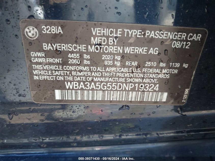 2013 BMW 328I VIN: WBA3A5G55DNP19324 Lot: 39371430