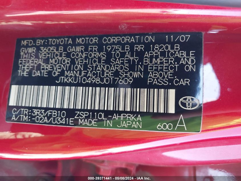 2008 Scion Xd VIN: JTKKU10498J017609 Lot: 39371441