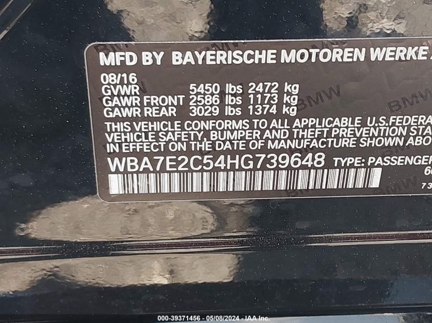 2017 BMW 740I VIN: WBA7E2C54HG739648 Lot: 39371456