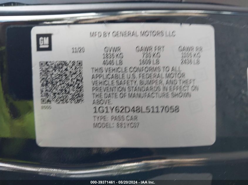 2020 Chevrolet Corvette Stingray Rwd 1Lt VIN: 1G1Y62D48L5117058 Lot: 39371461