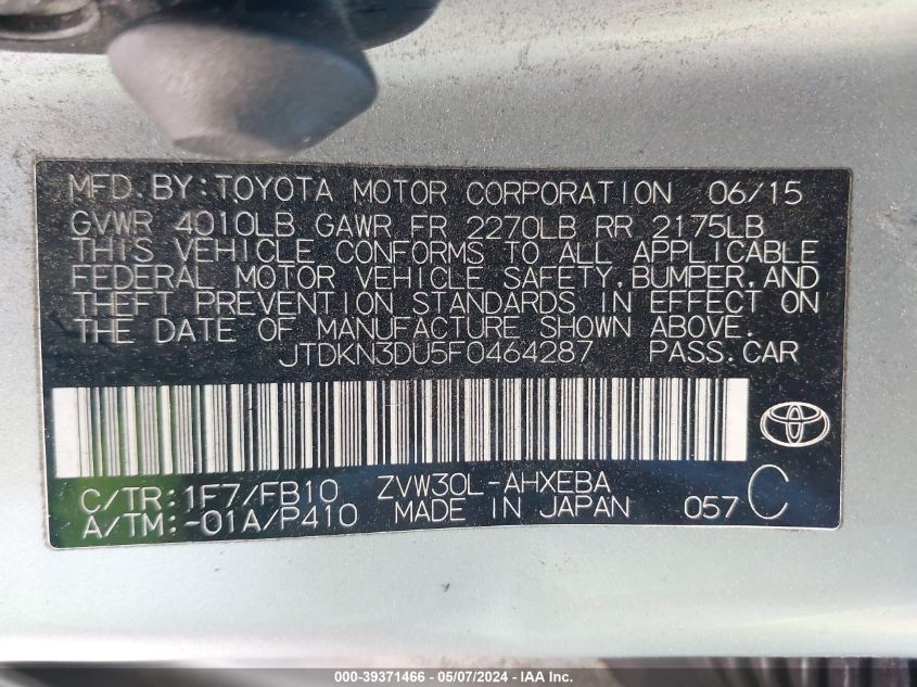 2015 Toyota Prius Two VIN: JTDKN3DU5F0464287 Lot: 39371466