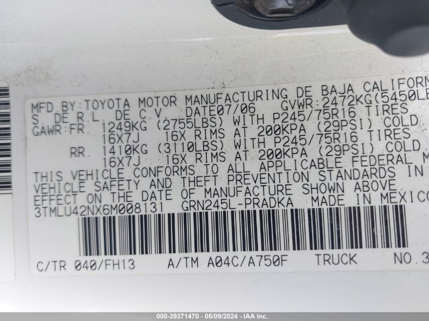 2006 Toyota Tacoma Base V6 VIN: 3TMLU42NX6M008131 Lot: 39371470