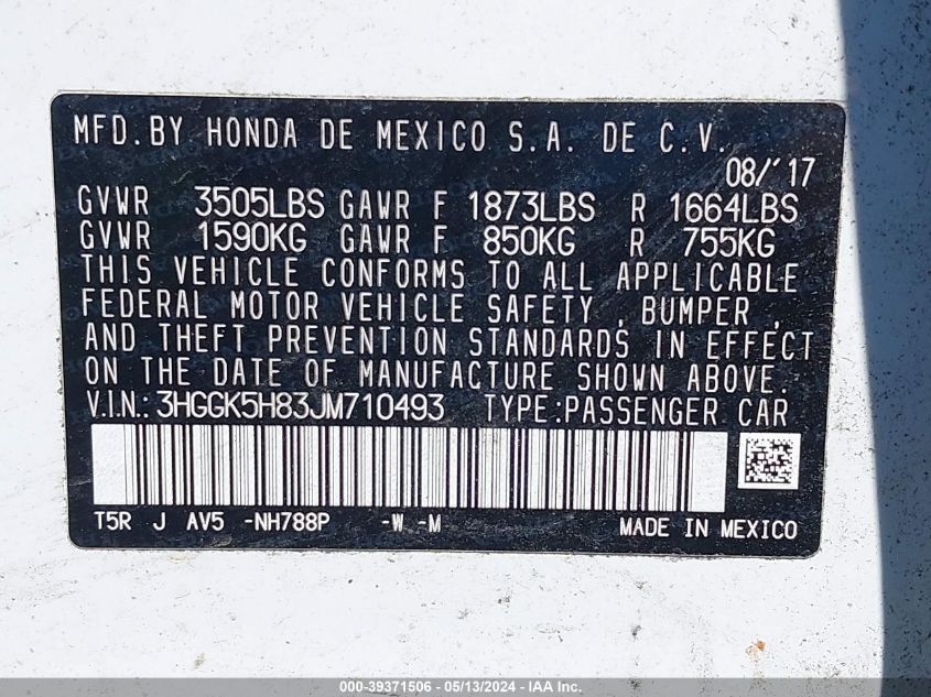 2018 Honda Fit Ex VIN: 3HGGK5H83JM710493 Lot: 39371506