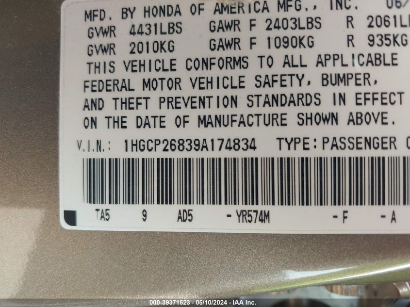 2009 Honda Accord 2.4 Ex-L VIN: 1HGCP26839A174834 Lot: 39371523