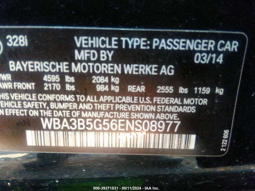 2014 BMW 328 Xi Sulev VIN: WBA3B5G56ENS08977 Lot: 39371531