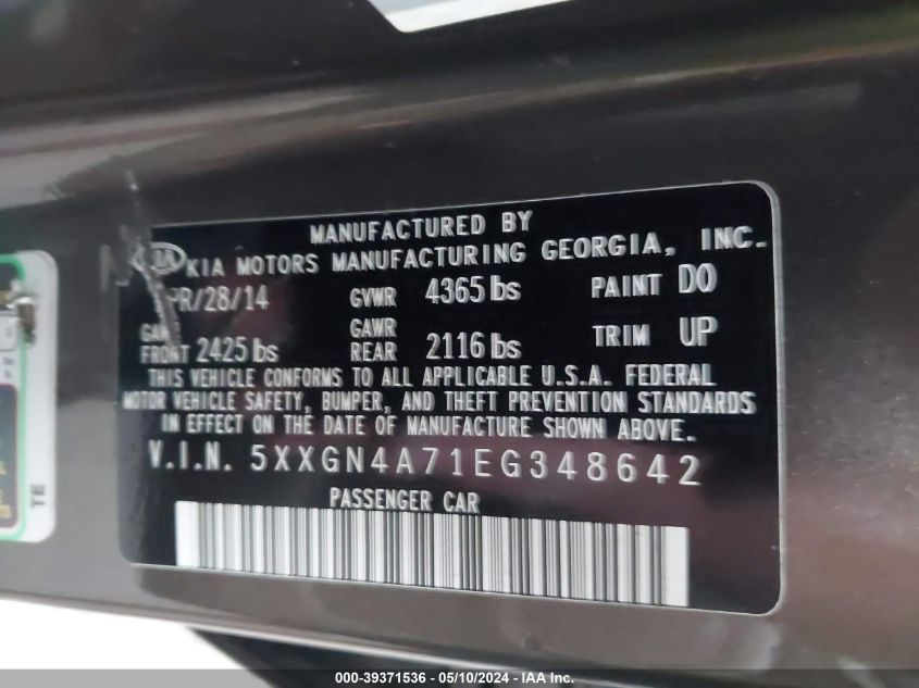 2014 Kia Optima Ex VIN: 5XXGN4A71EG348642 Lot: 39371536