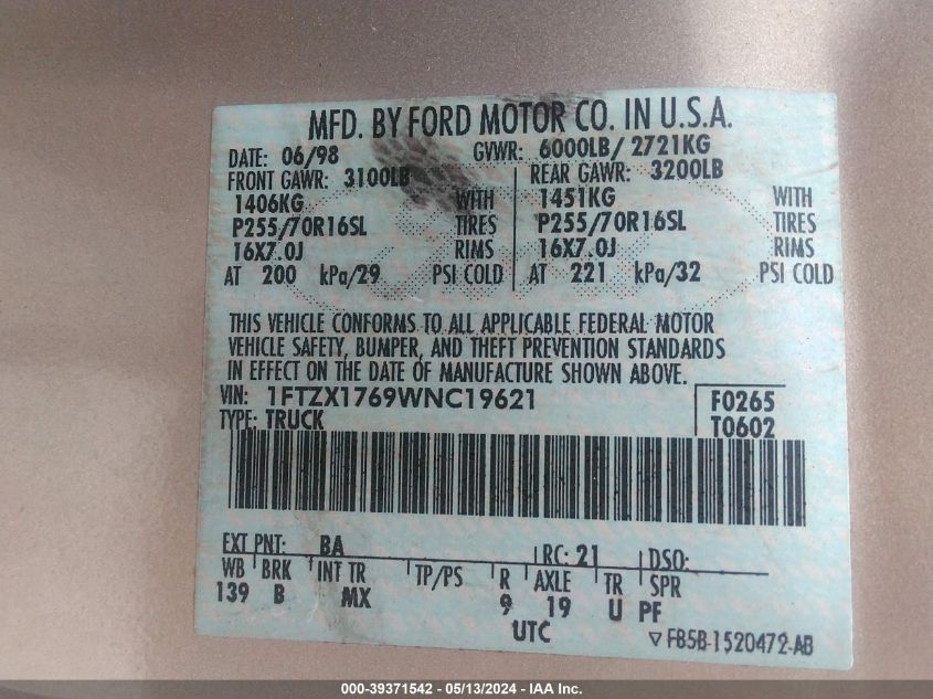 1998 Ford F-150 Lariat/Standard/Xl/Xlt VIN: 1FTZX1769WNC19621 Lot: 39371542