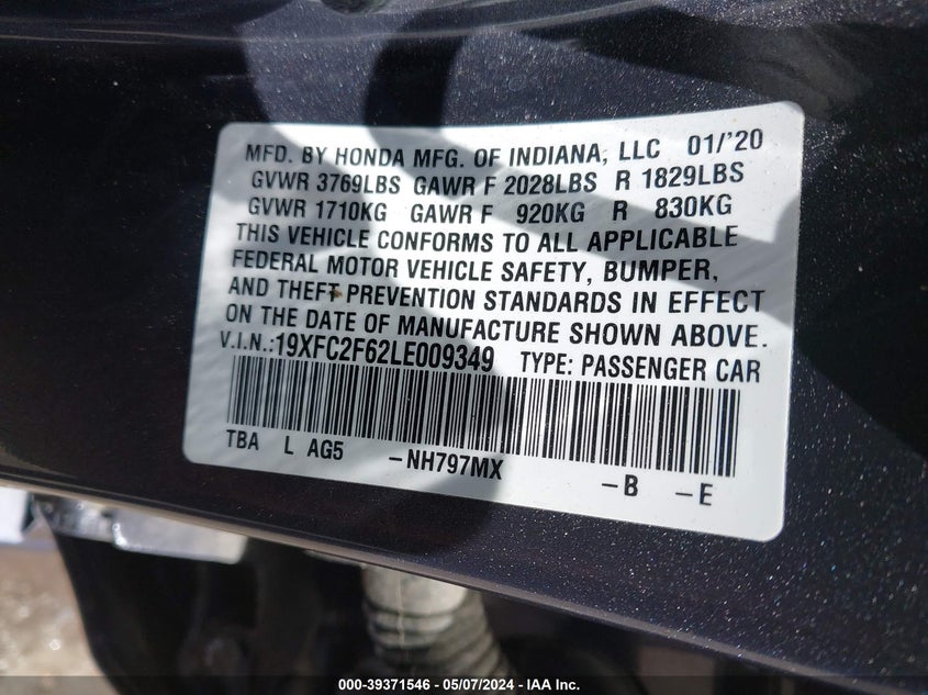 VIN 19XFC2F62LE009349 2020 HONDA CIVIC LX