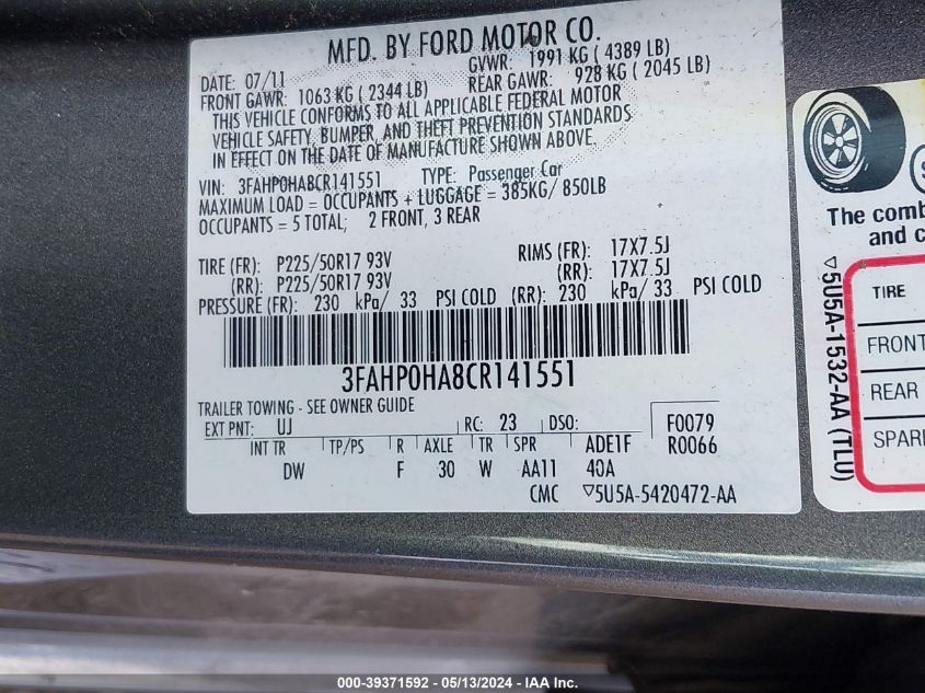 2012 Ford Fusion Se VIN: 3FAHP0HA8CR141551 Lot: 39371592