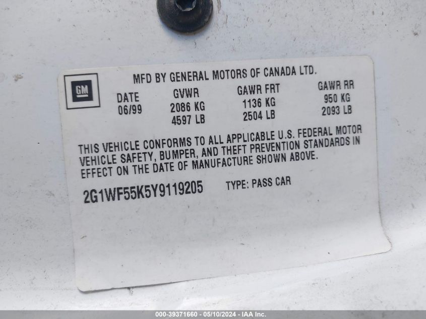 2000 Chevrolet Impala VIN: 2G1WF55K5Y9119205 Lot: 39371660