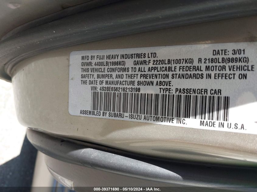 2001 Subaru Legacy Gt Limited VIN: 4S3BE656216213198 Lot: 39371690