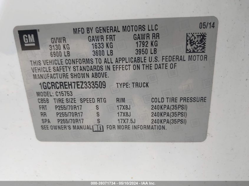 2014 Chevrolet Silverado 1500 1Lt VIN: 1GCRCREH7EZ333509 Lot: 39371734