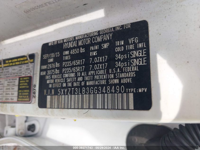 2016 Hyundai Santa Fe Sport 2.4L VIN: 5XYZT3LB3GG348490 Lot: 39371743