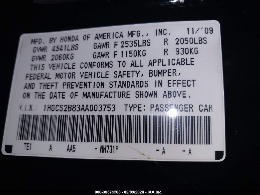 2010 Honda Accord 3.5 Ex-L VIN: 1HGCS2B83AA003753 Lot: 39371763