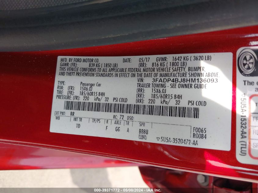 2017 FORD FIESTA SE - 3FADP4BJ8HM136093