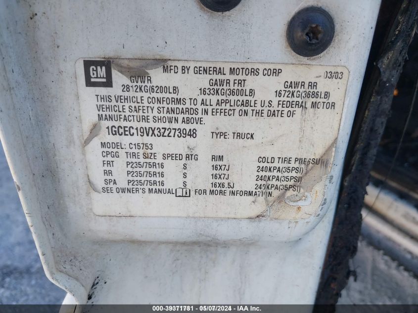 2003 Chevrolet Silverado 1500 Ls VIN: 1GCEC19VX3Z273948 Lot: 39371781