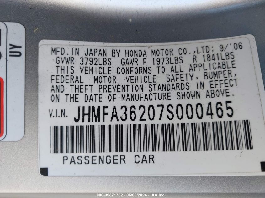 2007 Honda Civic Hybrid VIN: JHMFA36207S000465 Lot: 39371782