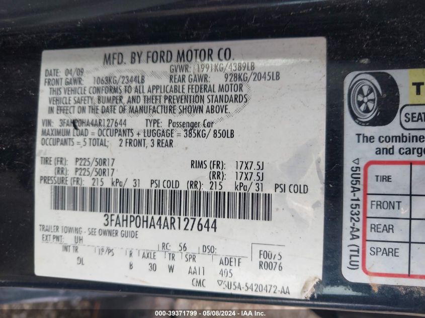 2010 Ford Fusion Se VIN: 3FAHP0HA4AR127644 Lot: 39371799