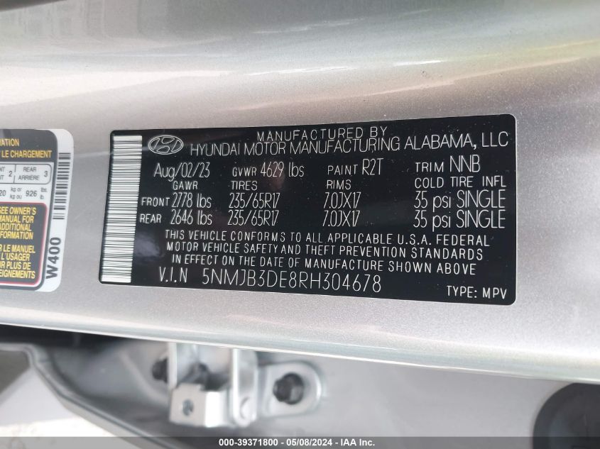 2024 Hyundai Tucson Sel VIN: 5NMJB3DE8RH304678 Lot: 39371800