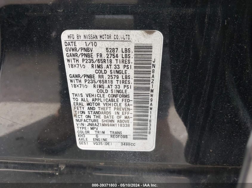 2010 Nissan Murano S VIN: JN8AZ1MW9AW118338 Lot: 39371803