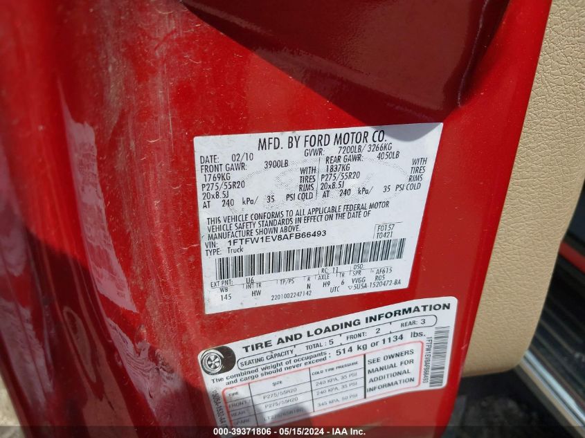 2010 Ford F-150 Fx4/Harley-Davidson/King Ranch/Lariat/Platinum/Xl/Xlt VIN: 1FTFW1EV8AFB66493 Lot: 39371806