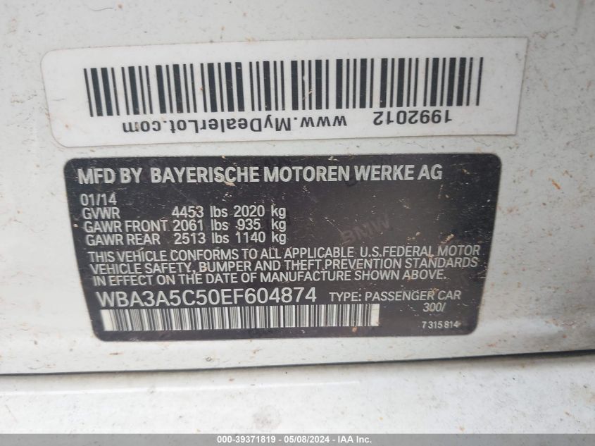 2014 BMW 328I VIN: WBA3A5C50EF604874 Lot: 39371819