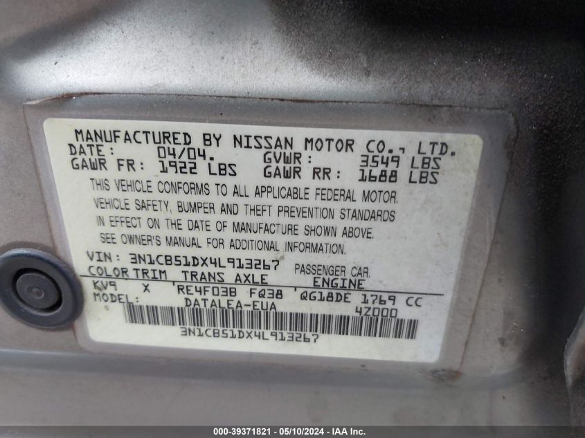 2004 Nissan Sentra 1.8S VIN: 3N1CB51DX4L913267 Lot: 39371821