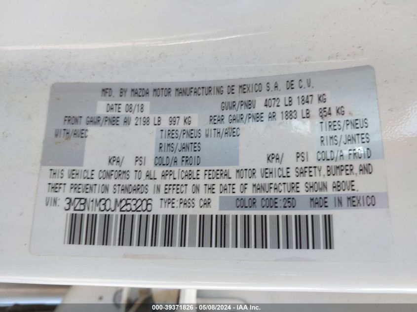 2018 Mazda Mazda3 Grand Touring VIN: 3MZBN1M30JM253206 Lot: 39371826