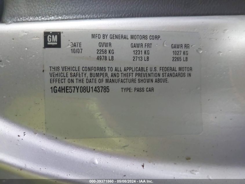 2008 Buick Lucerne Cxs VIN: 1G4HE57Y08U143785 Lot: 39371860