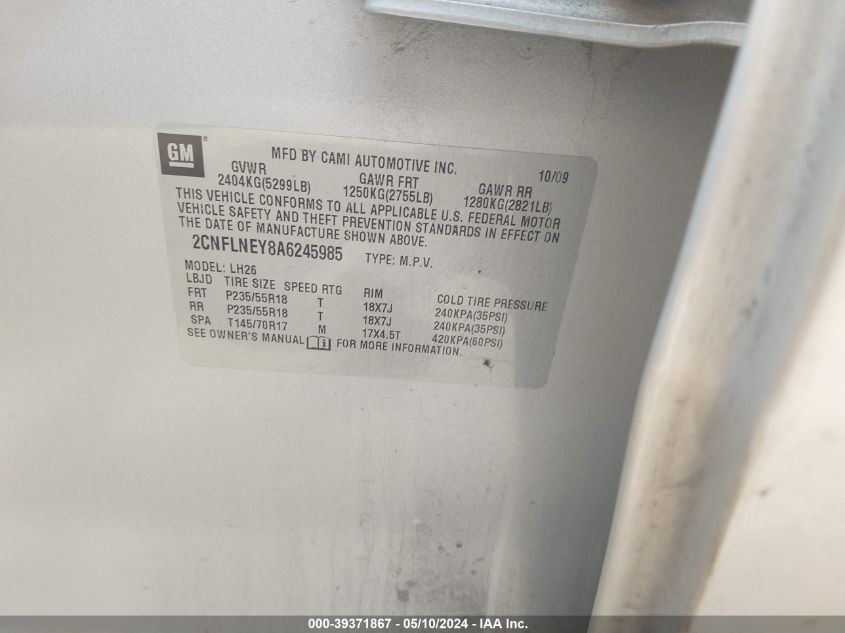 2010 Chevrolet Equinox Lt VIN: 2CNFLNEY8A6245985 Lot: 39371867