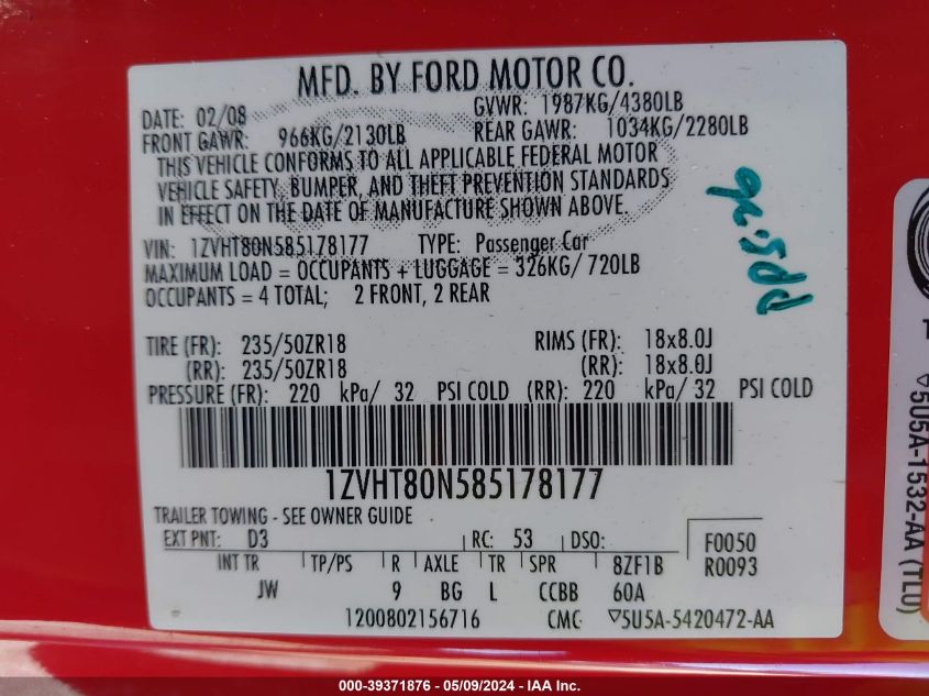 2008 Ford Mustang V6 Deluxe/V6 Premium VIN: 1ZVHT80N585178177 Lot: 39371876
