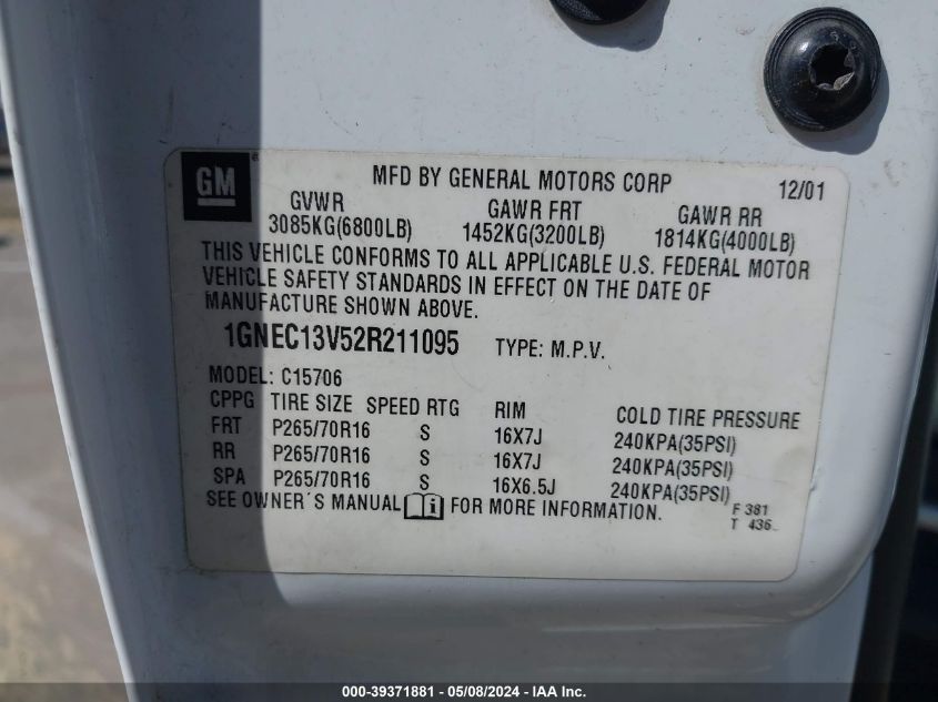 2002 Chevrolet Tahoe Ls VIN: 1GNEC13V52R211095 Lot: 39371881