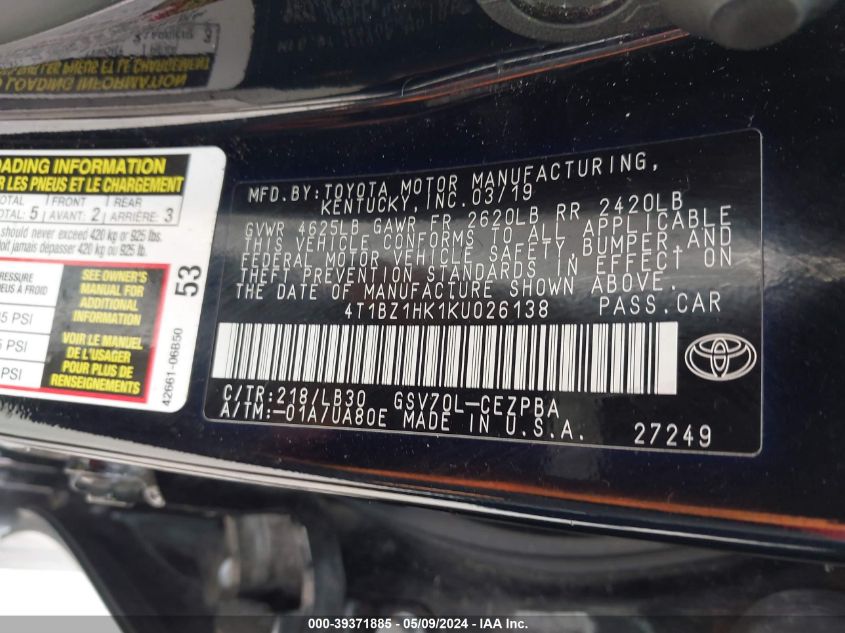 2019 Toyota Camry Xse V6 VIN: 4T1BZ1HK1KU026138 Lot: 39371885