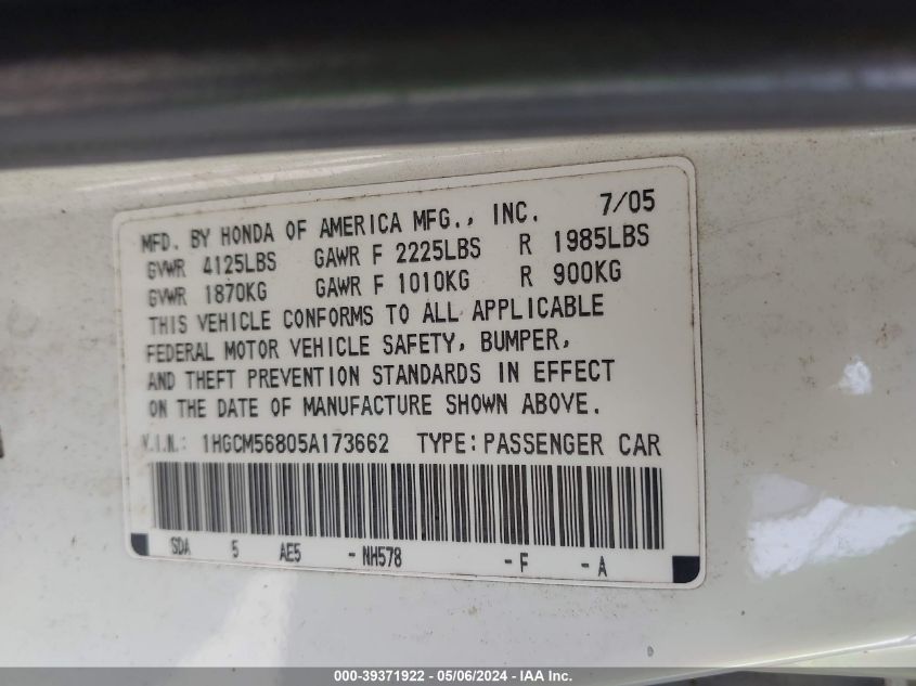 1HGCM56805A173662 | 2005 HONDA ACCORD