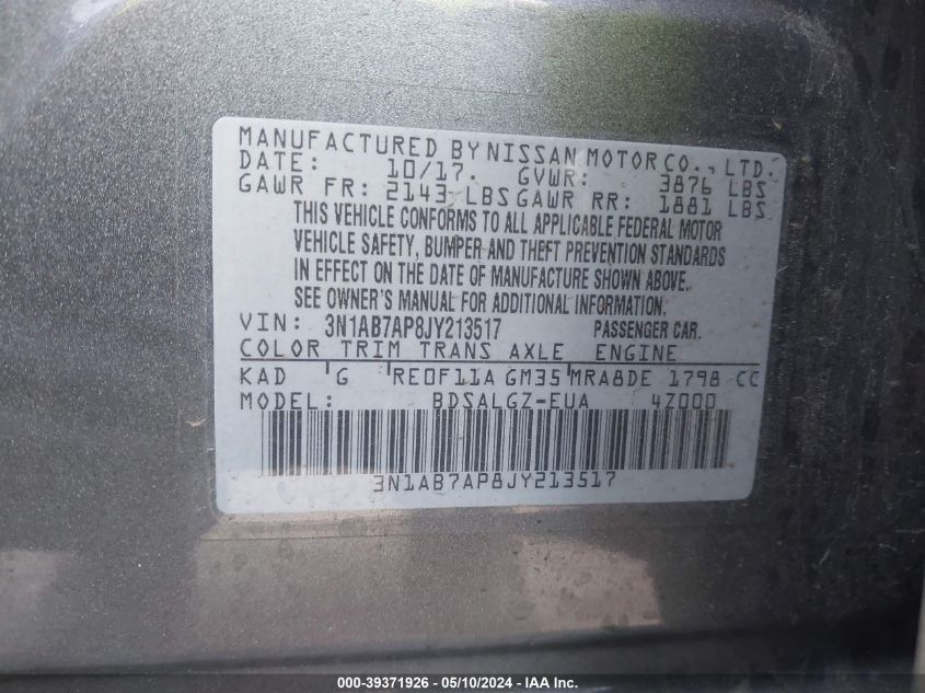 2018 Nissan Sentra Sl VIN: 3N1AB7AP8JY213517 Lot: 39371926