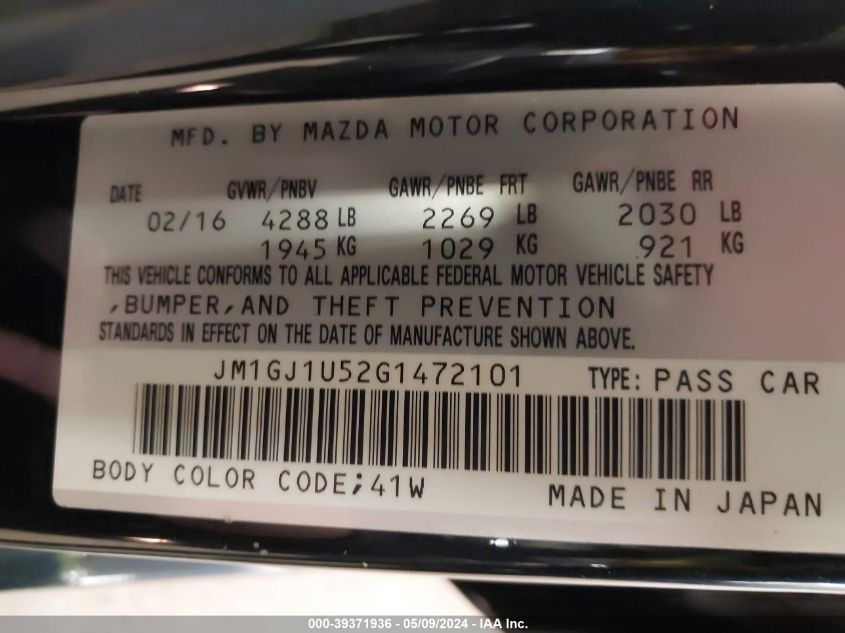 2016 MAZDA MAZDA6 I SPORT - JM1GJ1U52G1472101