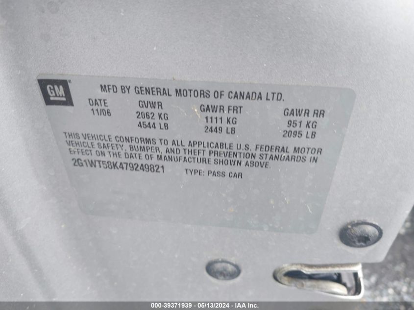 2007 Chevrolet Impala Lt VIN: 2G1WT58K479249821 Lot: 39371939