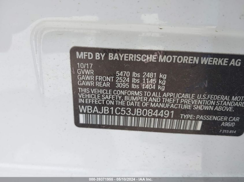 2018 BMW 530E xDrive Iperformance VIN: WBAJB1C53JB084491 Lot: 39371955