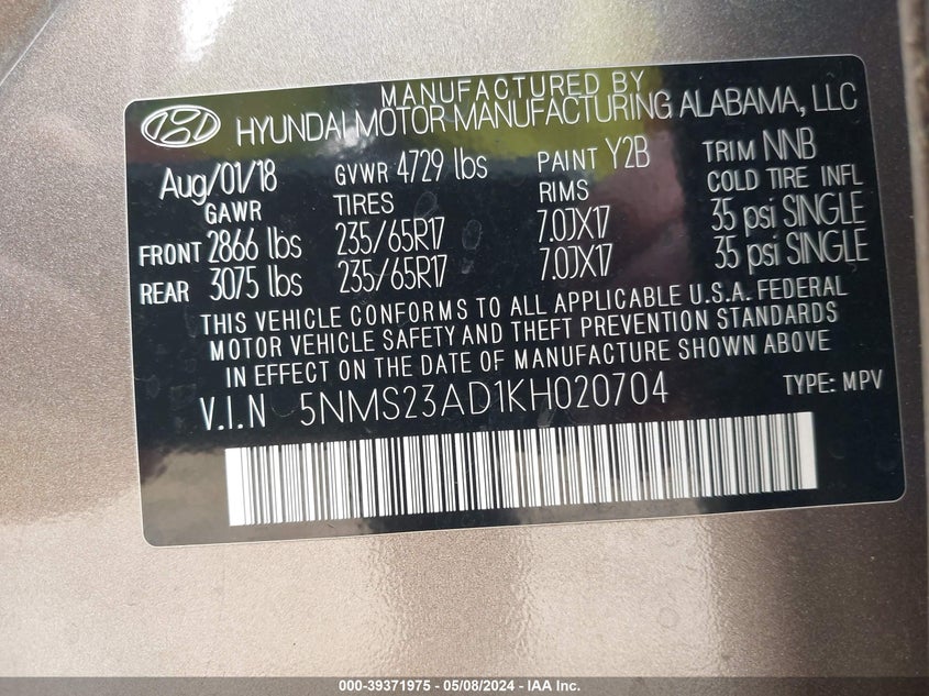 VIN 5NMS23AD1KH020704 2019 HYUNDAI SANTA FE SE